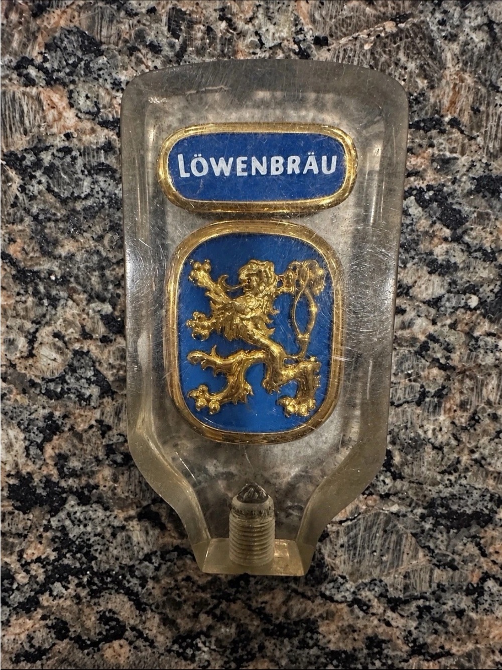 Vintage Löwenbräu Beer Tap Handle Clear Lucite Acrylic GoldLion Crest Breweriana